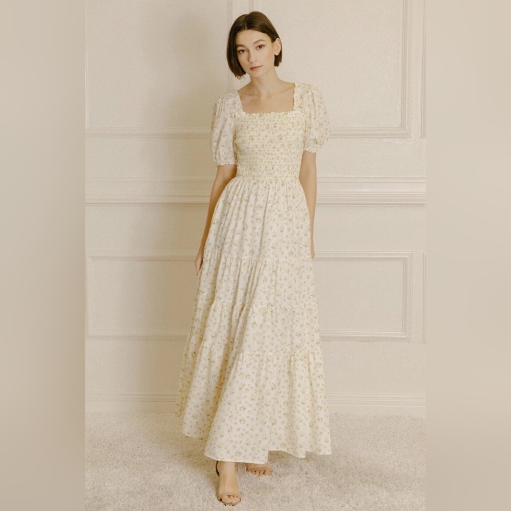 Storia Cream Floral Maxi Dress with Puff Sleeves - Picture 1 of 5